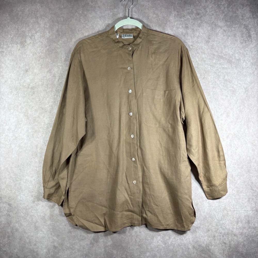 Vintage Rafaella Button Down Shirt Women S Brown Linen Long Sleeve Mandarin
